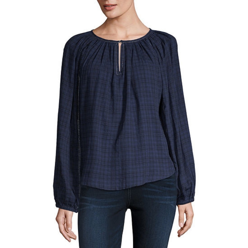 a.n.a Womens Keyhole Neck Long Sleeve Dobby Blouse